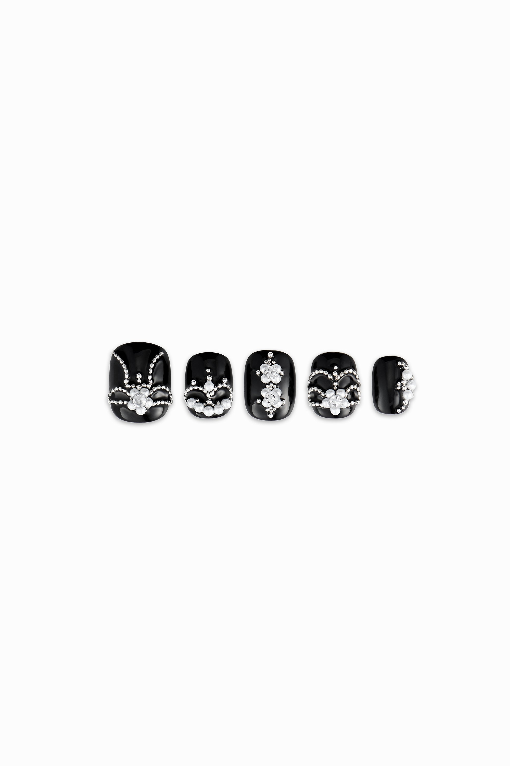 Pearl Clash / No.25 — Short Square in Glossy Black with Pearl and Silver Bead Embellishment