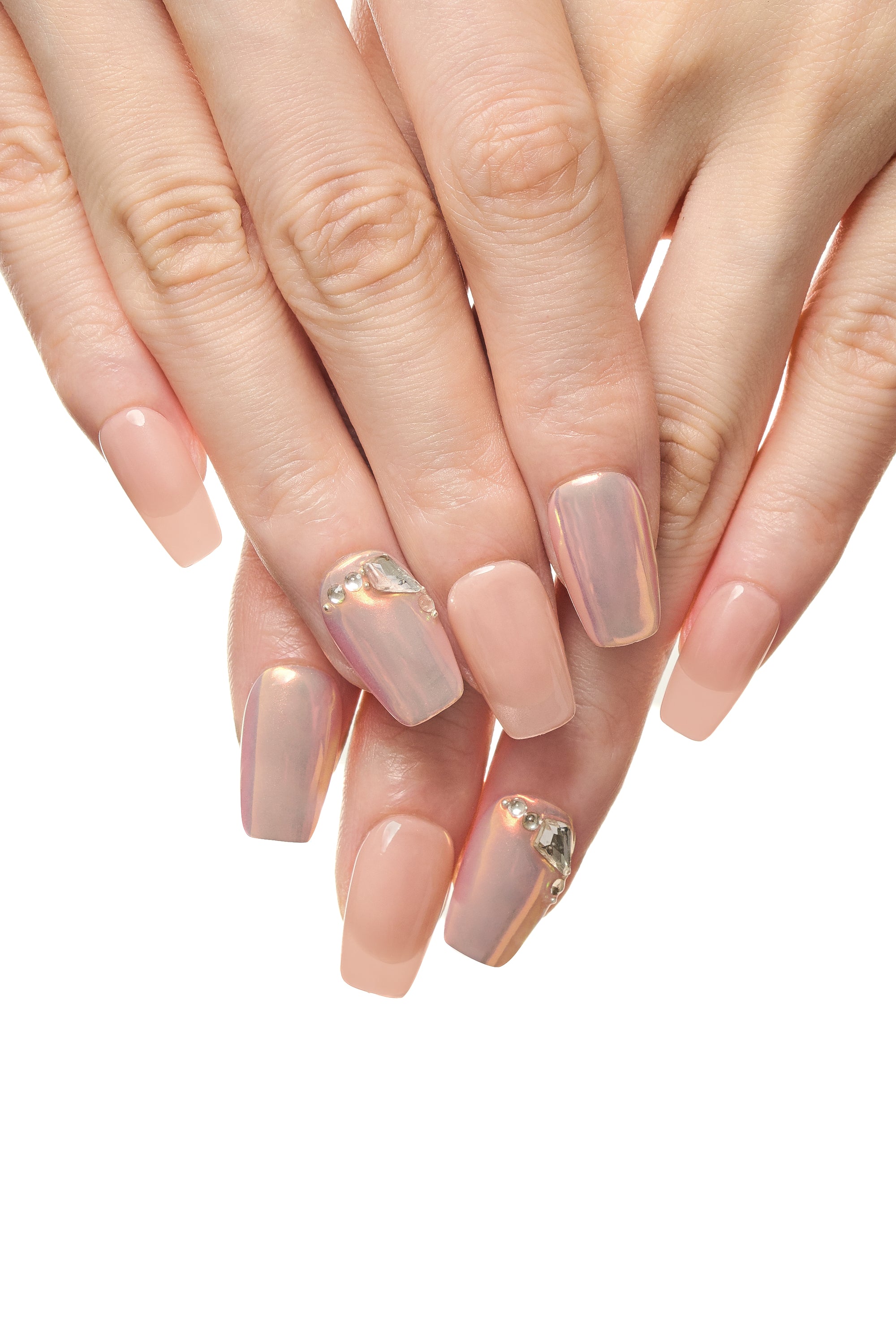 Sun Veil / No.08 – Nude gloss nails with aurora shine and crystal accent