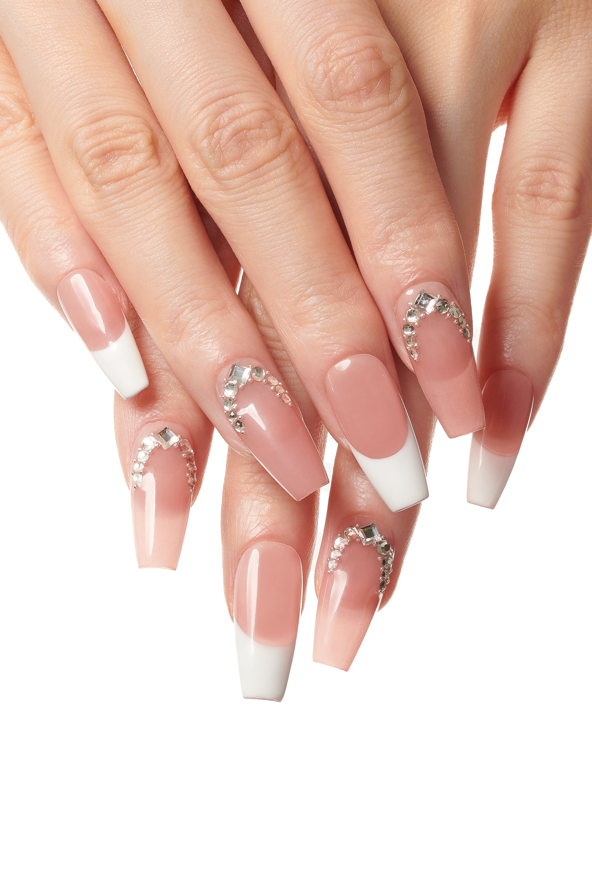 フレンチネイル クリスタル装飾付き Pearl Line / No.02 − 艶めくパールとクリスタルのミディアムロング