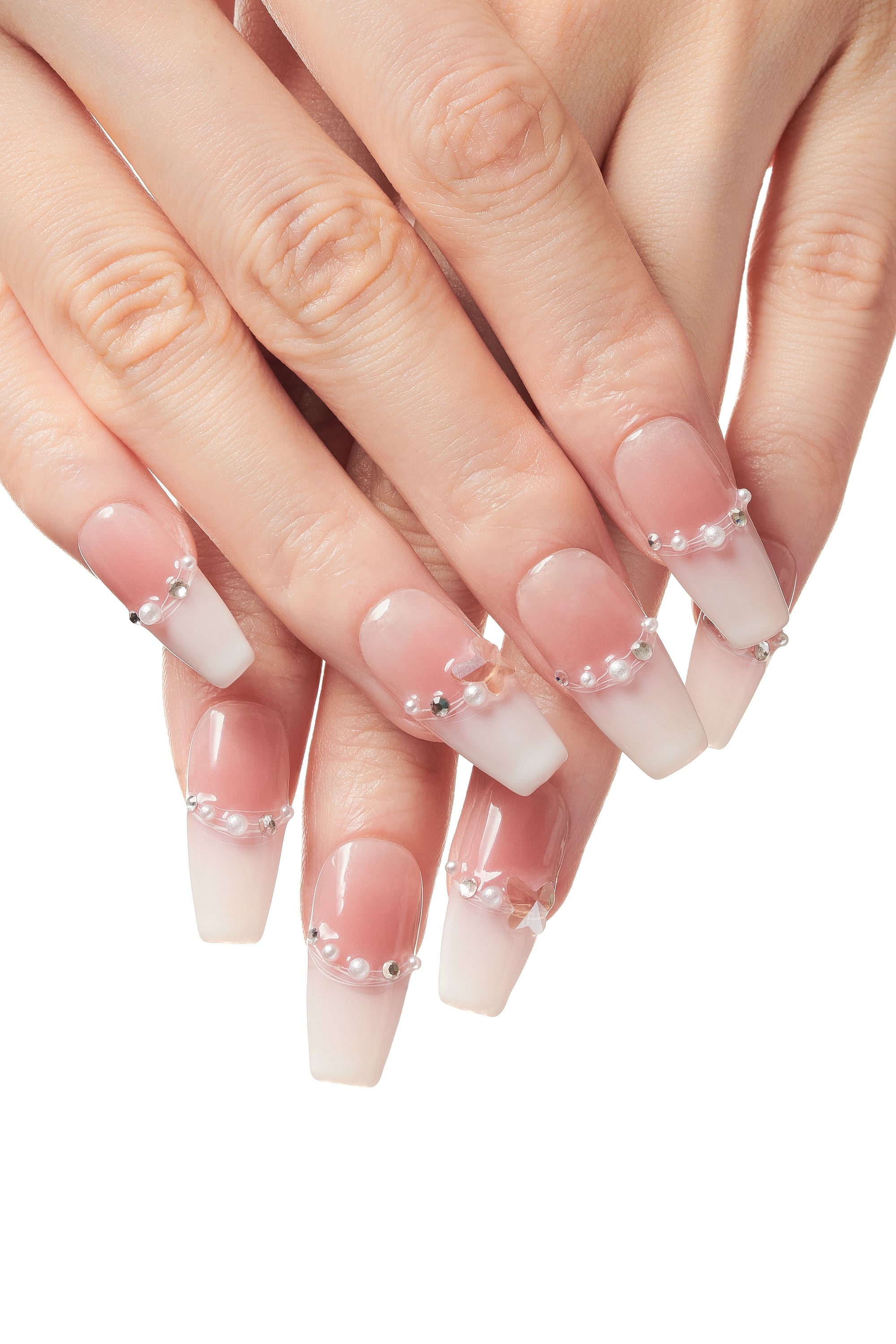 Sweet Edge / No.11 – Long Pink French with Pearls & Butterfly Charm
