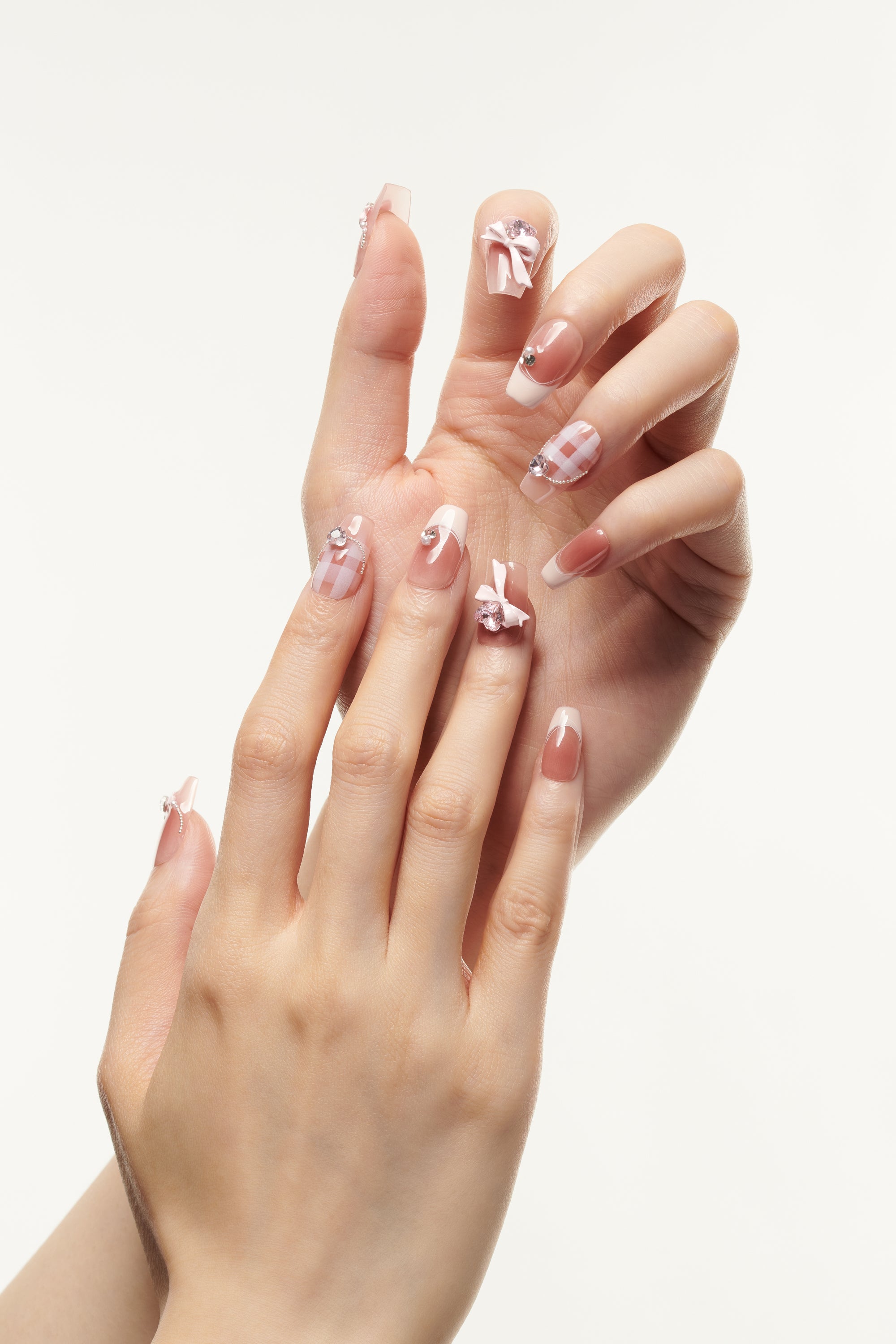 Ribbon Script / No.24 Square Tip in Sheer Pink with Bows, Plaid, Pearls, and Crystal Accents