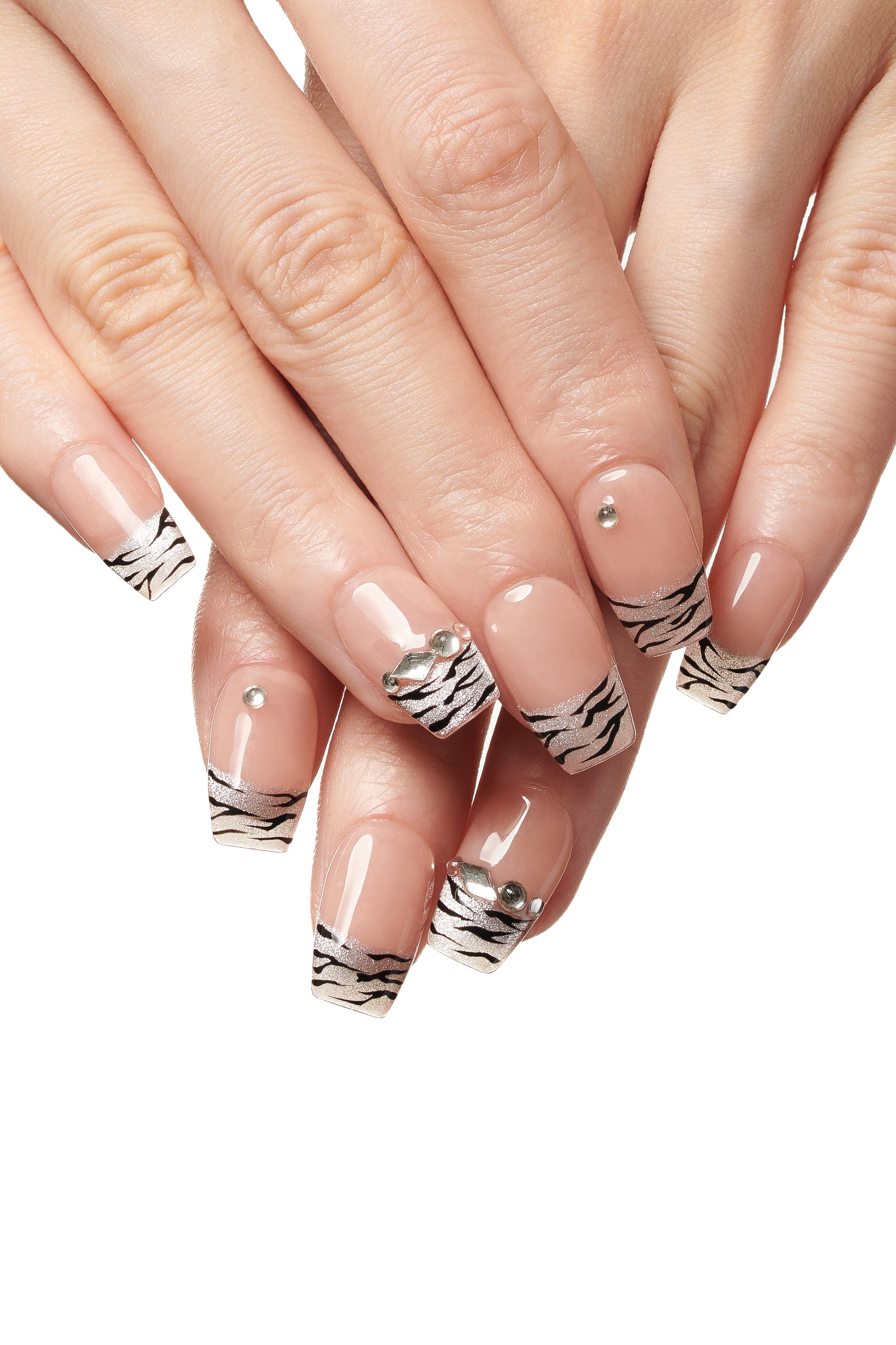 Wild Card / No.16 – Glossy Nude Base with Shimmer Zebra Tips and Crystal Accents
