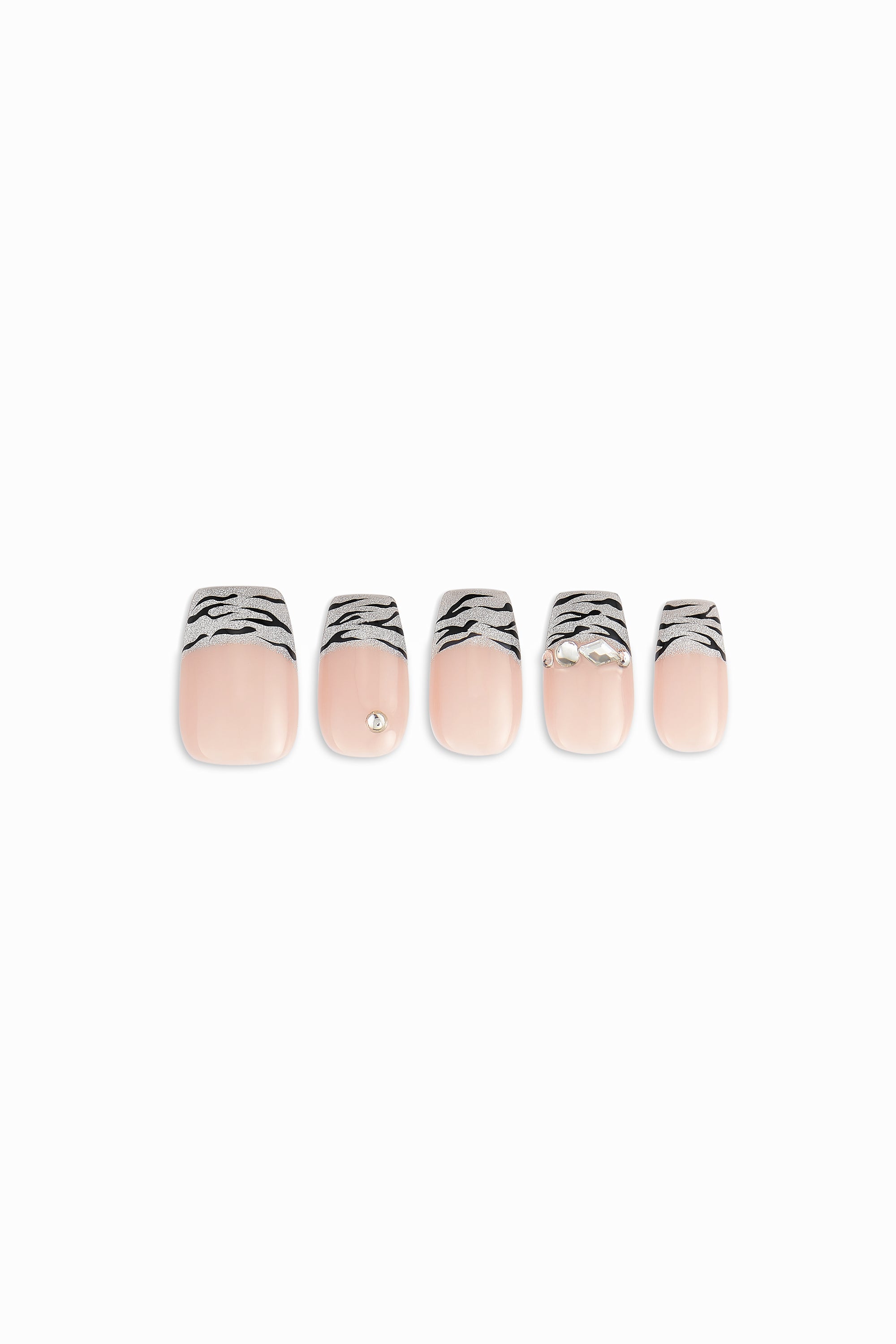 Wild Card / No.16 – Glossy Nude Base with Shimmer Zebra Tips and Crystal Accents