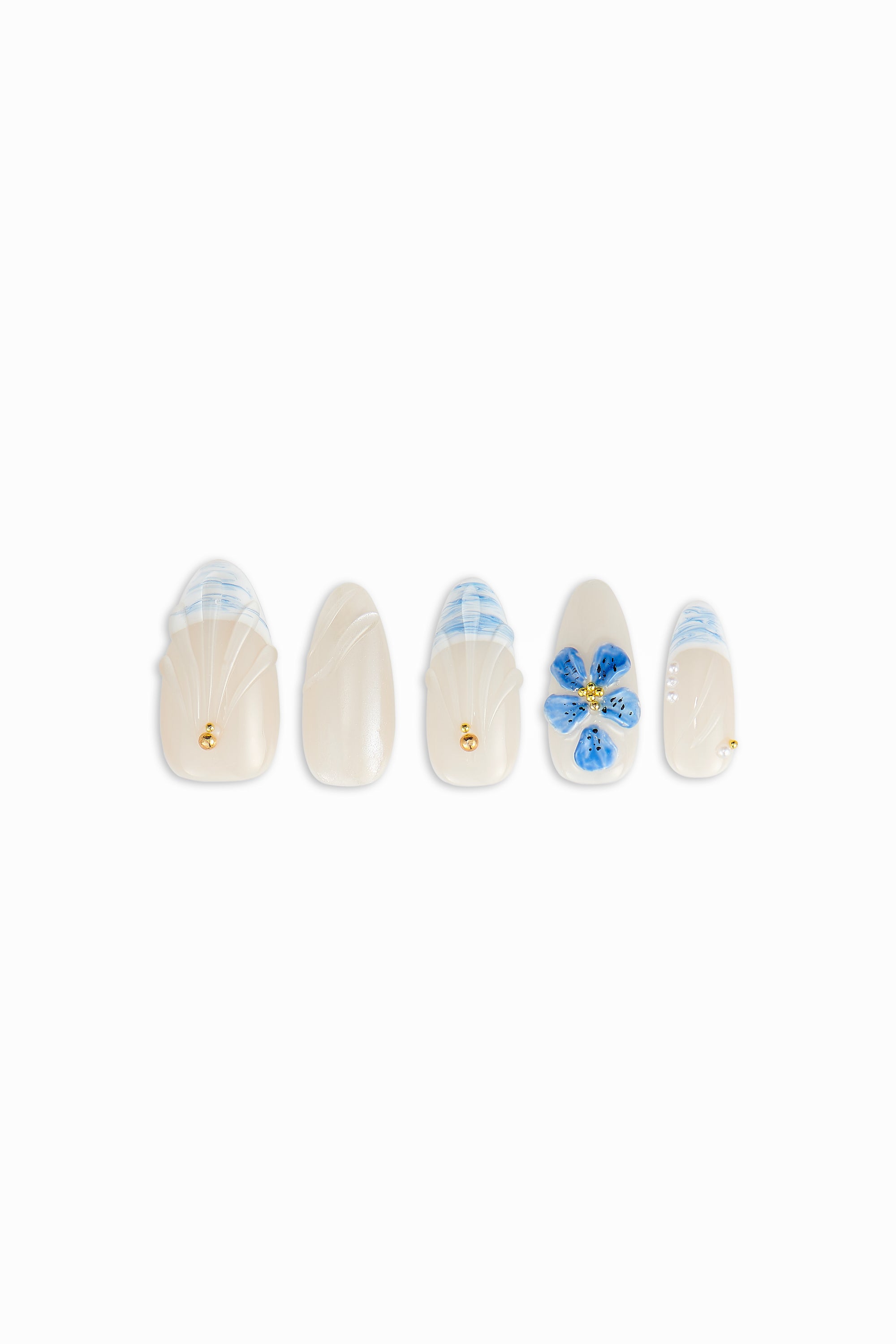 Surface Play / No.17 – Glossy Pearl Base with Blue Marble Tips and Sculpted Accent