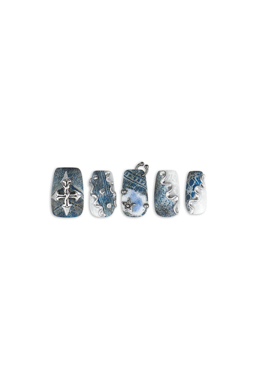 Denim Clash / No.26 − Short Square with Denim Print, Silver Accents, and Crystal Hardware