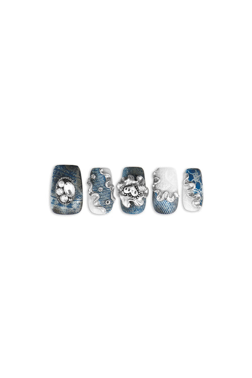 Denim Clash / No.26 − Short Square with Denim Print, Silver Accents, and Crystal Hardware