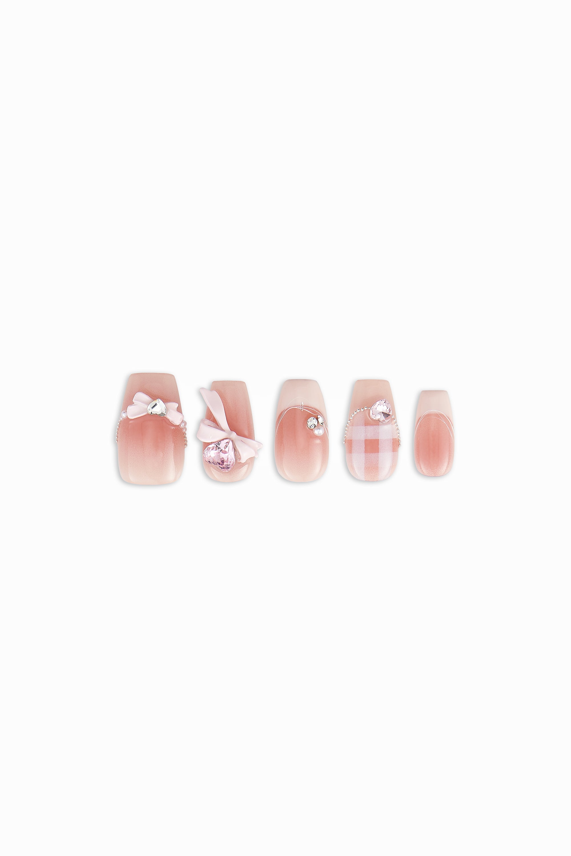 Ribbon Script / No.24 Square Tip in Sheer Pink with Bows, Plaid, Pearls, and Crystal Accents