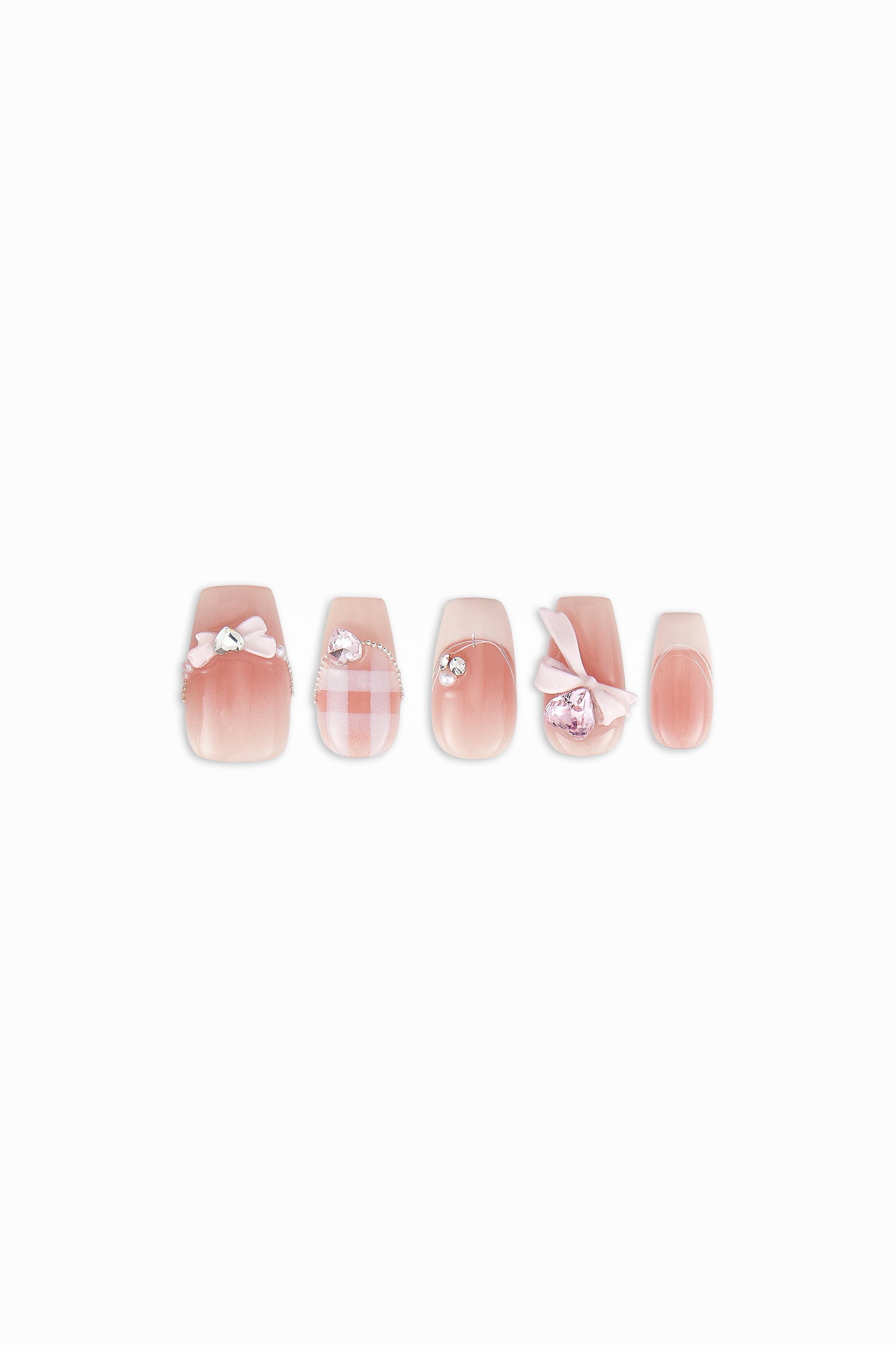 Ribbon Script / No.24 Square Tip in Sheer Pink with Bows, Plaid, Pearls, and Crystal Accents