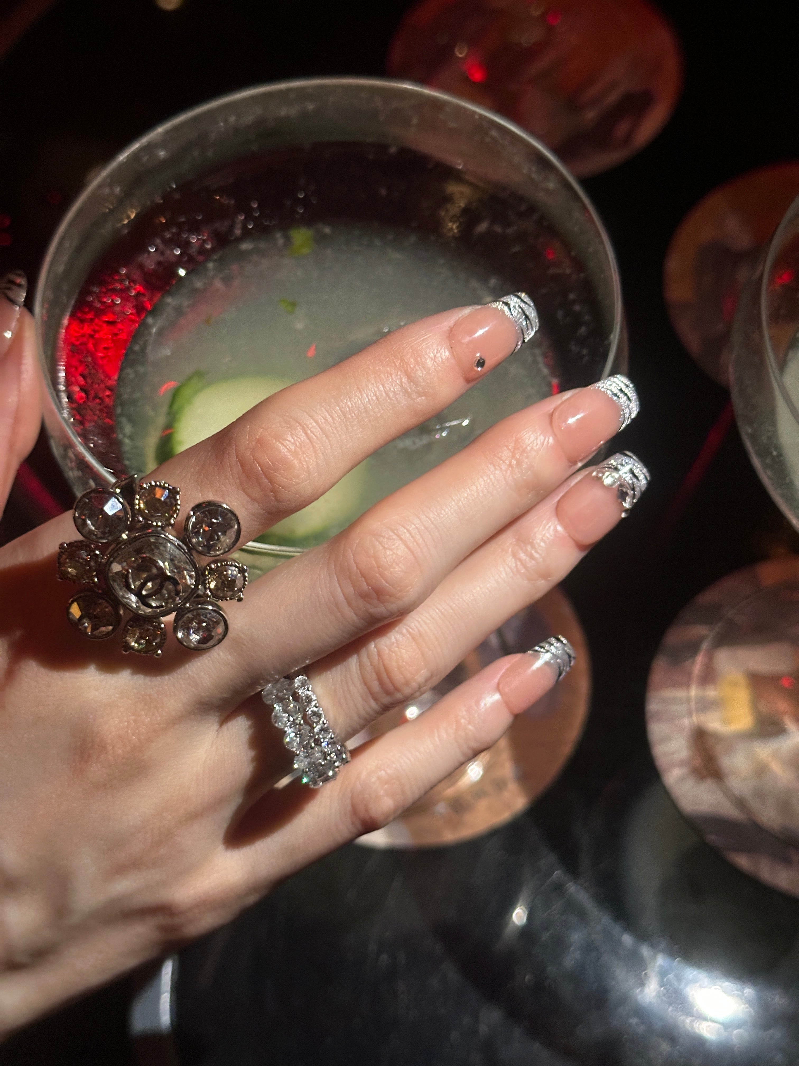 Wild Card / No.16 – Glossy Nude Base with Shimmer Zebra Tips and Crystal Accents