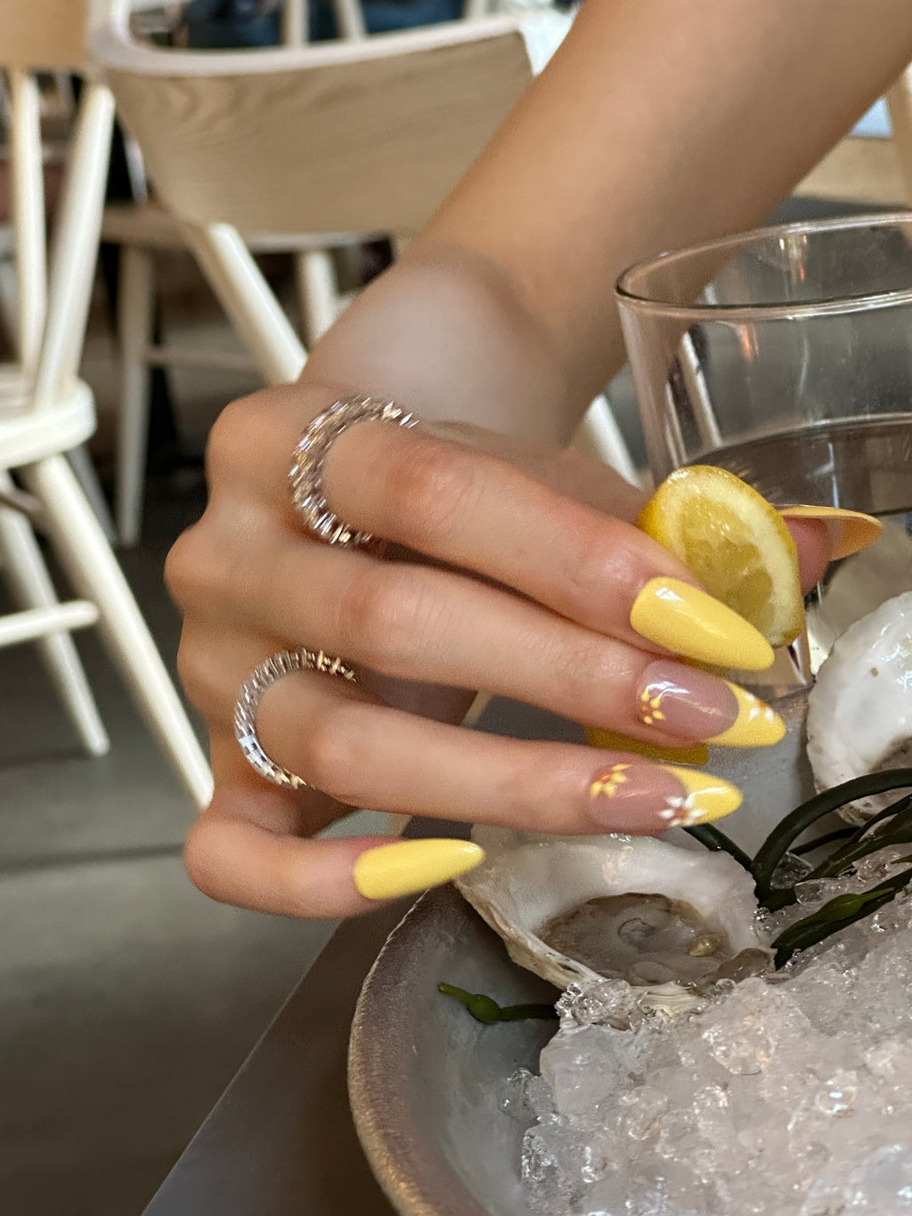 Sunpetal / No.22 – Long Almond in Sheer Blush and Sunlit Yellow with Tiny Floral Accents