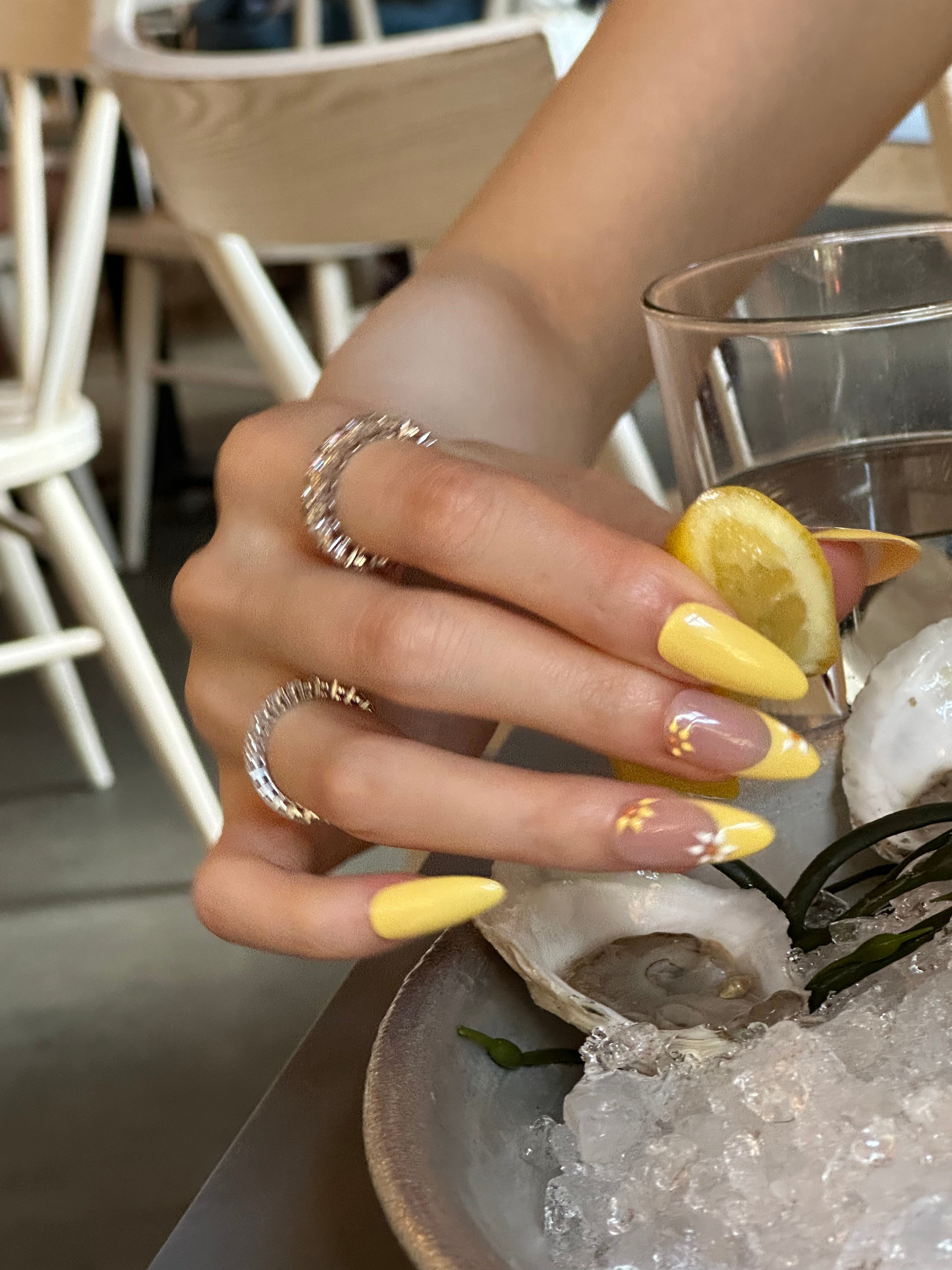 Sunpetal / No.22 – Long Almond in Sheer Blush and Sunlit Yellow with Tiny Floral Accents